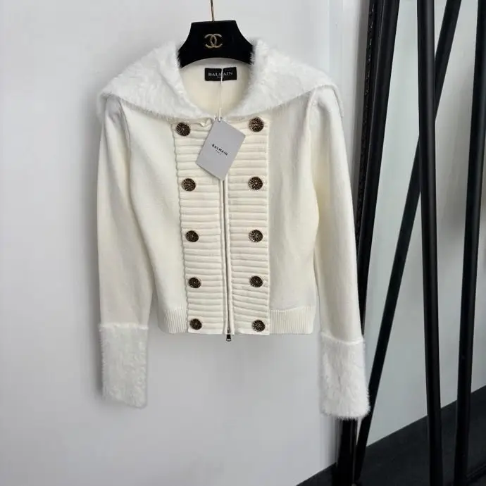 Balmain — Двобортний в'язаний кардиган з хутряним коміром і довгими рукавами
