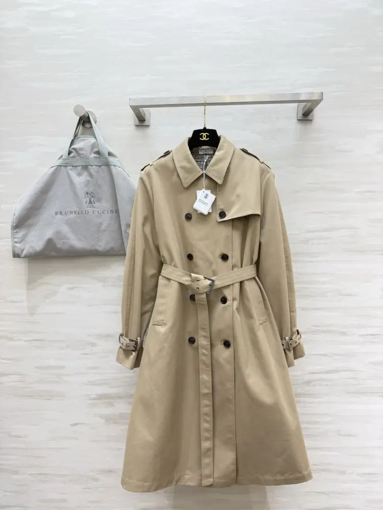 Brunello Cucinelli — Довгий двобортний тренч кольори хакі