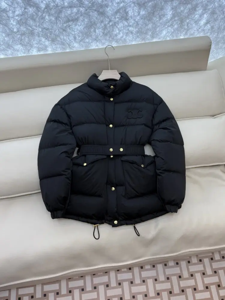 Celine Пуховая куртка с поясом и воротником-стойкой — Фото 3