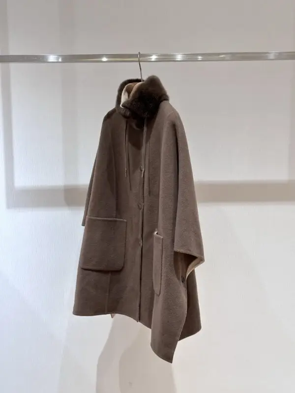 Loro Piana Двустороннее шерстяное пальто-накидка с норковым мехом — Фото 3