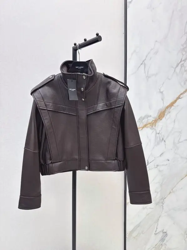 Saint Laurent Кожаная куртка-бомбер с коротким воротником-стойкой — Фото 1