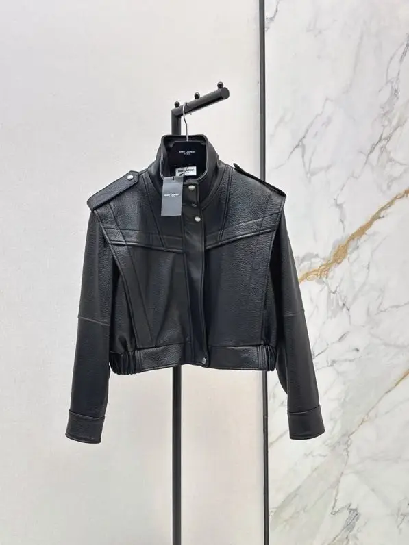 Saint Laurent — Кожаная куртка-бомбер с коротким воротником-стойкой