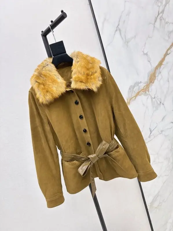 Saint Laurent Замшевое пальто с воротником из лисьего меха — Фото 2