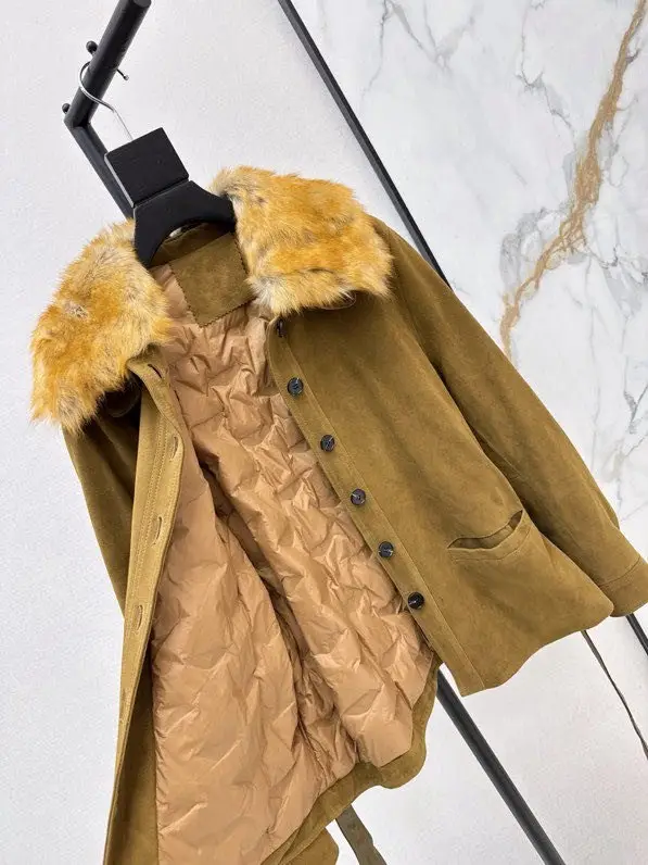Saint Laurent Замшевое пальто с воротником из лисьего меха — Фото 3