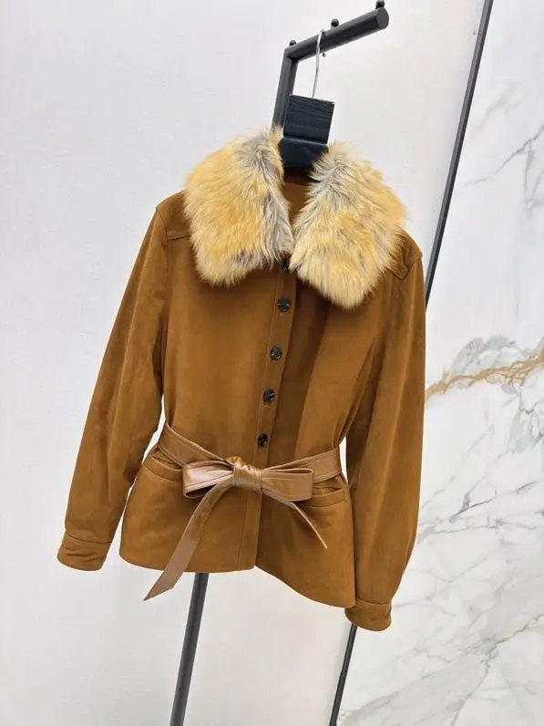 Saint Laurent Замшевое пальто с воротником из лисьего меха — Фото 3
