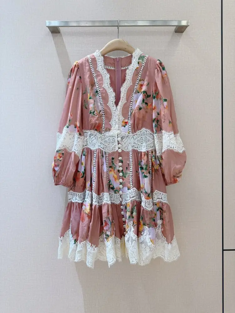 Zimmermann — Pink mini dress from watercolor flower print and lace finished